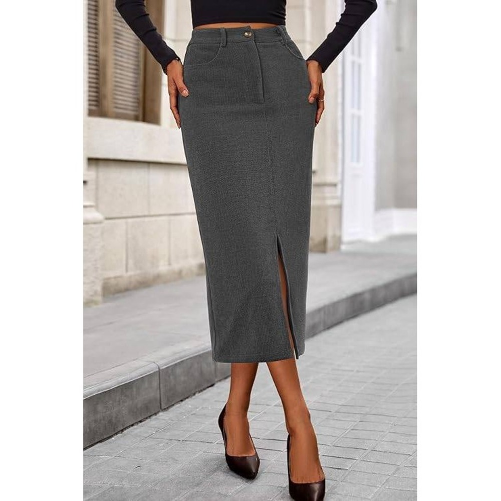 PrettyGarden Womens Corduroy Midi Skirt Grey Chenille Pencil Slit Size 16 NWT